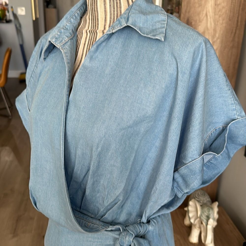 Stradivarius Blue Lyocell Wrap Playsuit Romper Size L NWT Tie Waist Short Sleeve - Picture 8 of 12